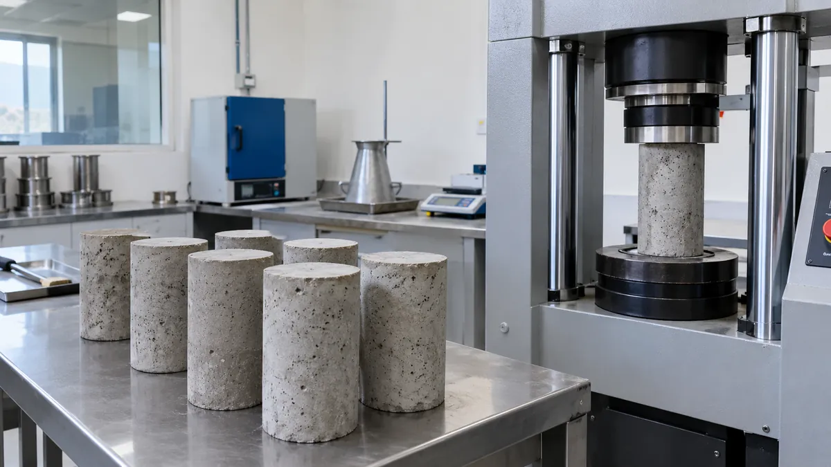 Probetas de concreto en un laboratorio, una de ellas en la prensa de ensayo de compresión