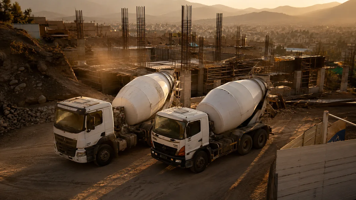 Dos mixers de concreto uno al lado del otro en la entrada de una obra