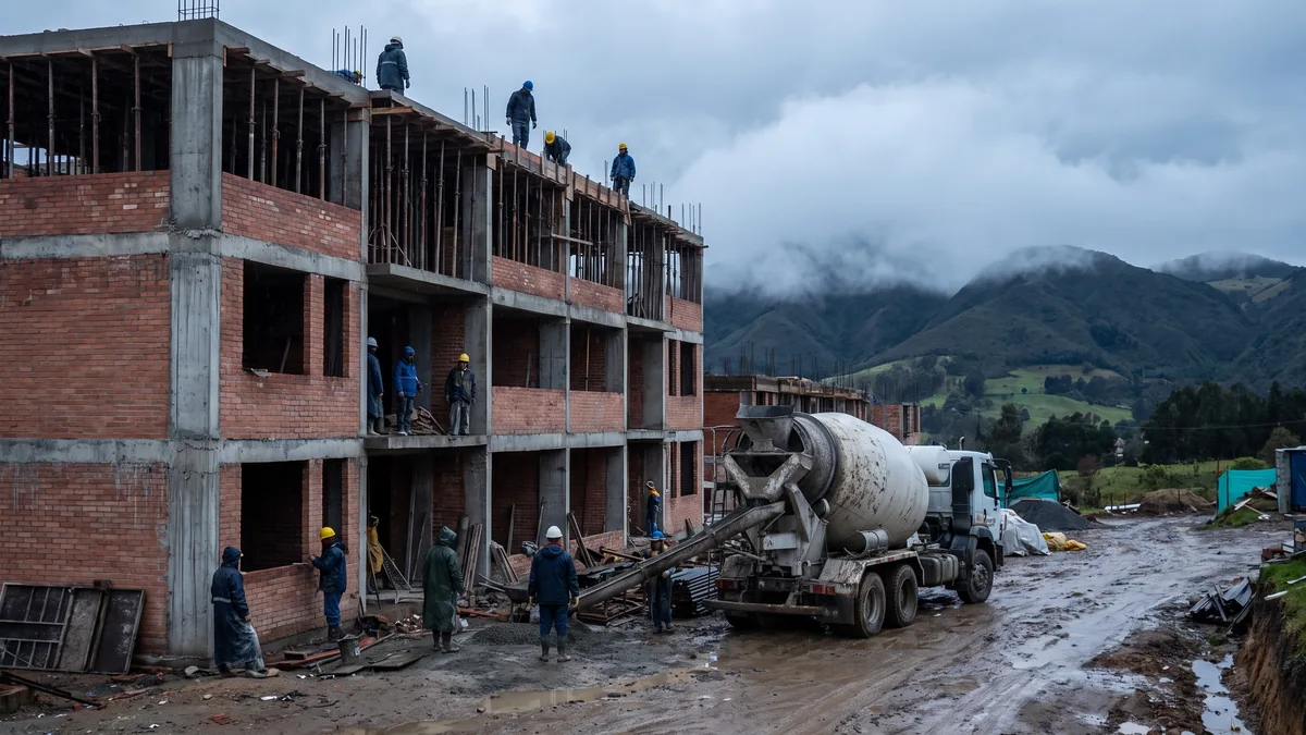 Un mixer descargando en un edificio en obra, con los trabajadores alrededor