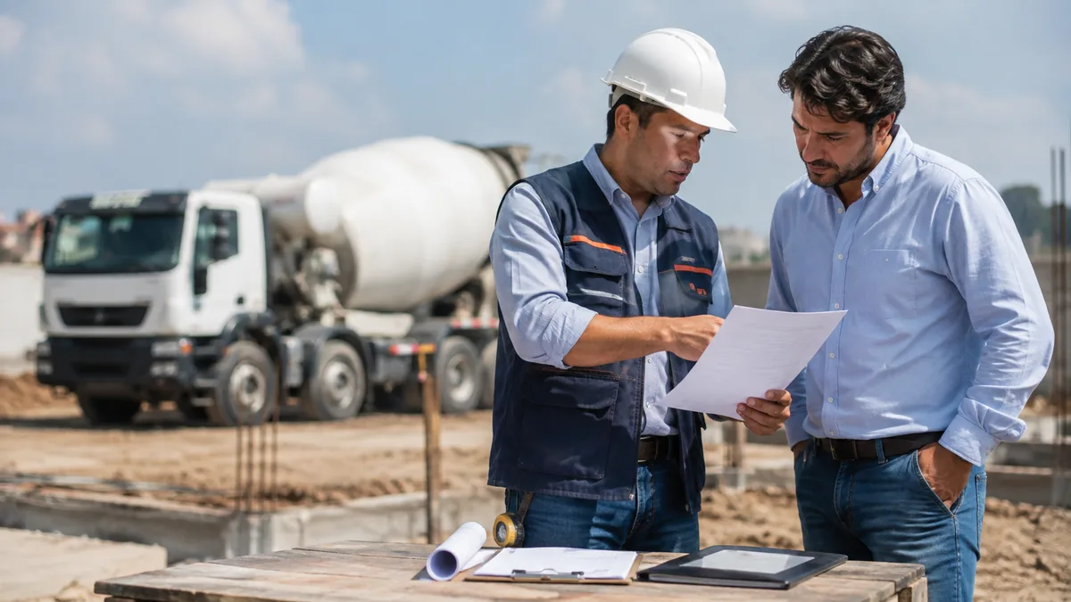 Un vendedor explicando una cotización de concreto al cliente sobre la mesa de la obra