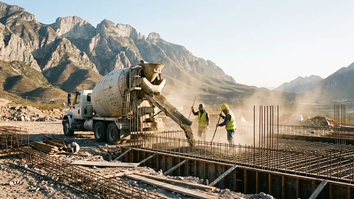 Un mixer y una bomba despachando en obra, con la montaña detrás