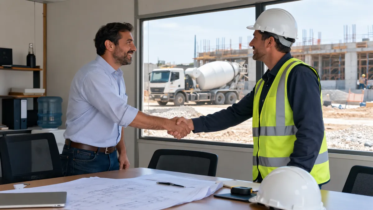 Un vendedor y un cliente cerrando un acuerdo sobre los planos en la oficina de una obra