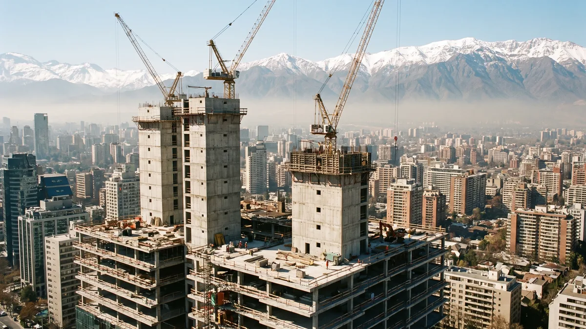 Vista de una ciudad con varias torres en construcción y sus grúas
