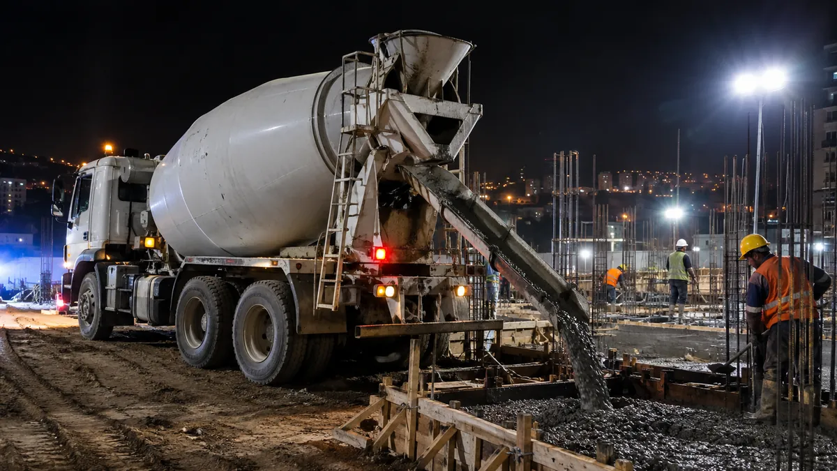 Un mixer descargando concreto de noche en una obra de ciudad, iluminada con focos
