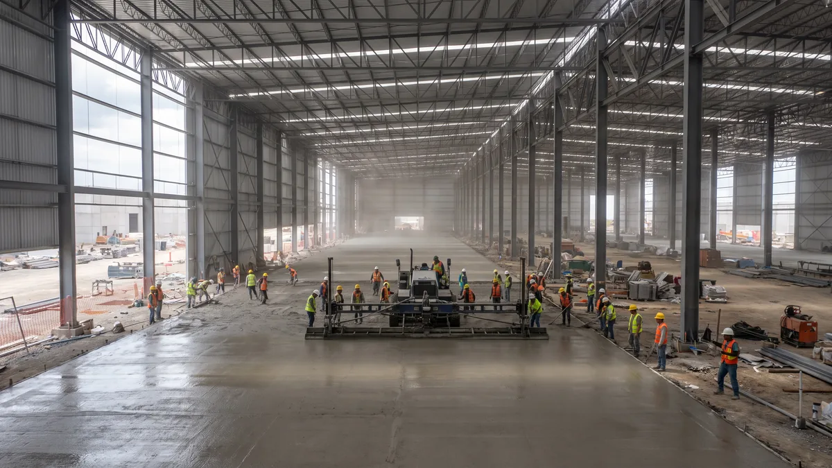 Vaciado de una losa industrial: la superficie completa terminada y el equipo trabajando al fondo