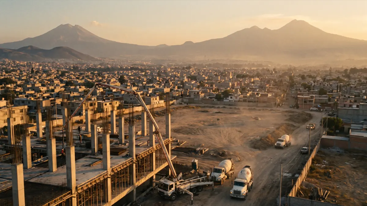 Obra grande con camiones mixer y bomba pluma, y la ciudad extendiéndose hasta los cerros al fondo